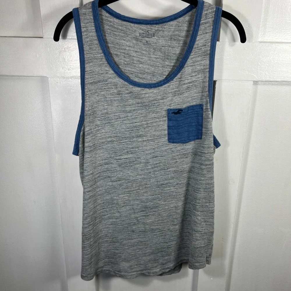 Hollister Mens Grey Heather Blue Trim Pocket Tank Top Shirt Medium 1530